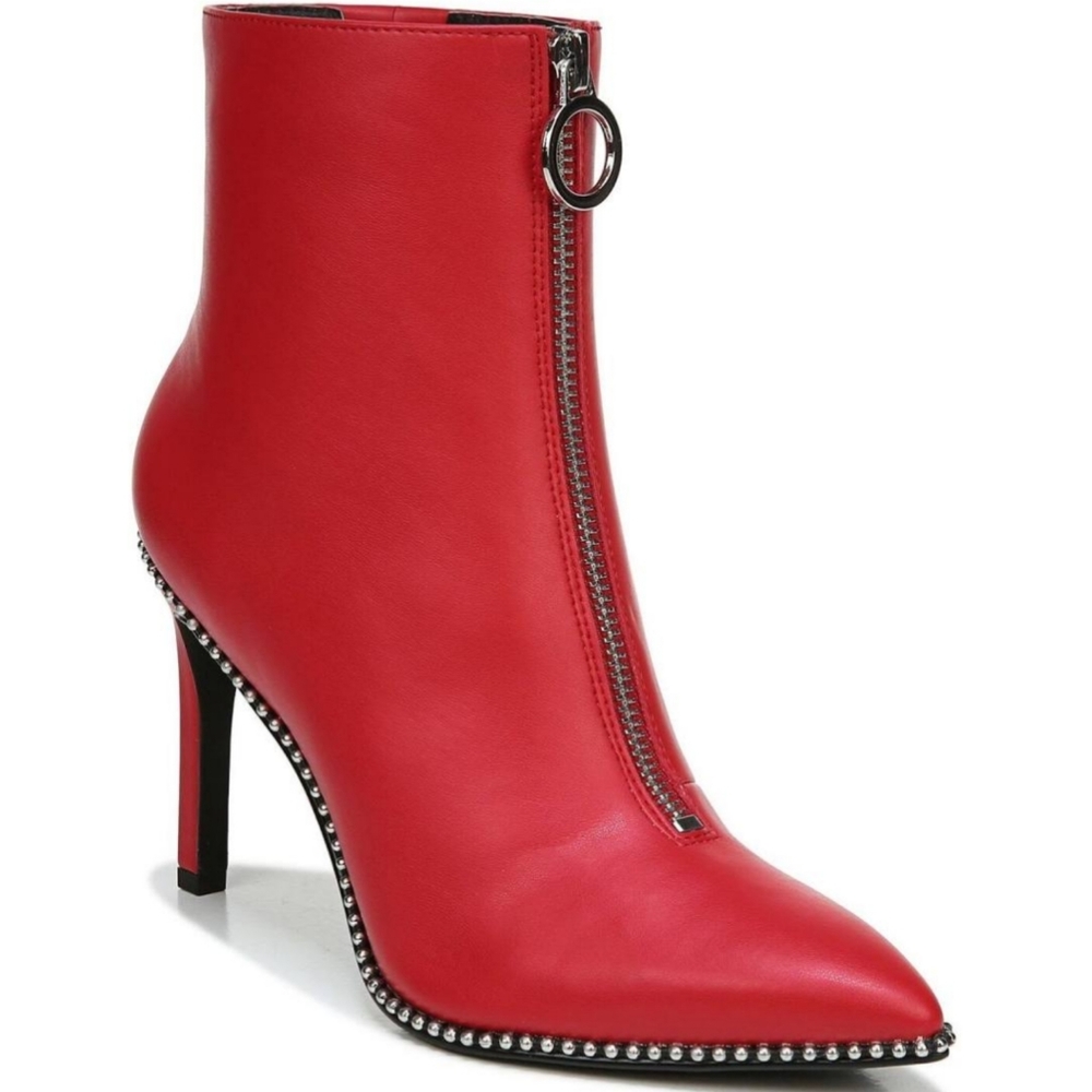Red Leather Pointed Toe Ankle Boots with Front Zip